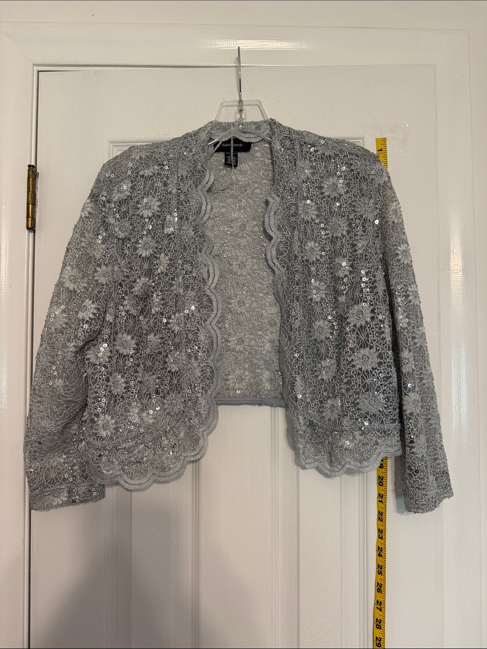 R&M Richards Silver Sequin Lace Open-Front Shrug